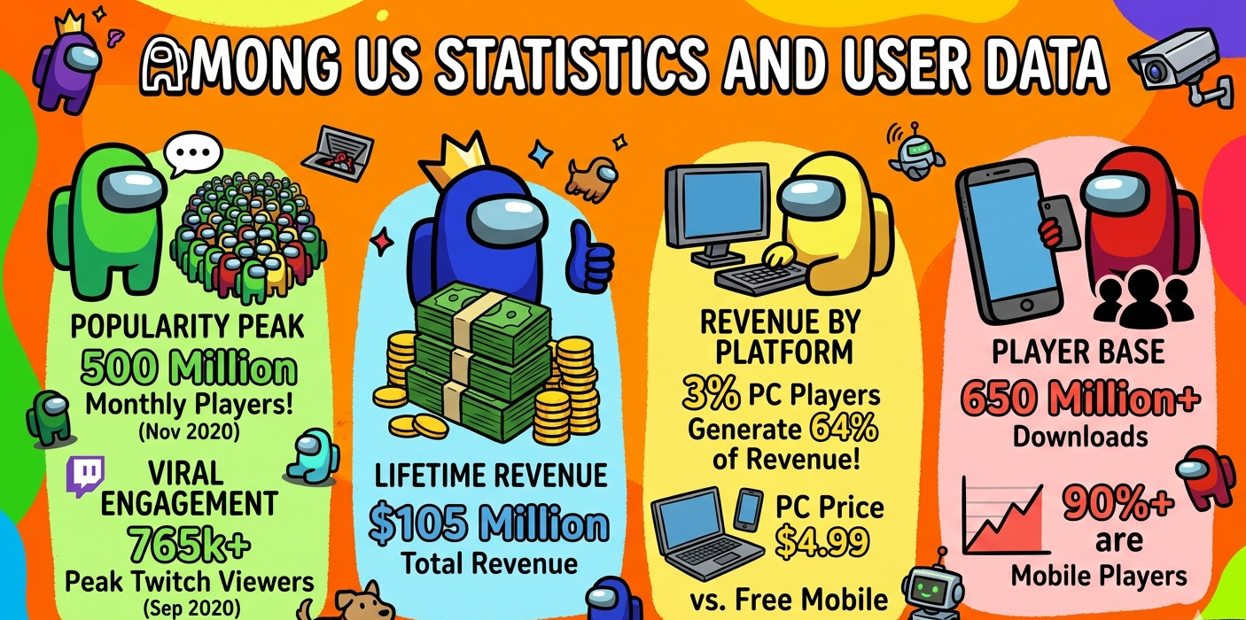 Among Us statistics for 2026 covering 650 million+ lifetime downloads with peak 500 million MAU in November 2020 declining to 17-23 million in 2024, $105 million lifetime revenue with October 2020 peak at $24.5 million, PC at 3% of users generating 64% of revenue, and 91.22% positive Steam rating.