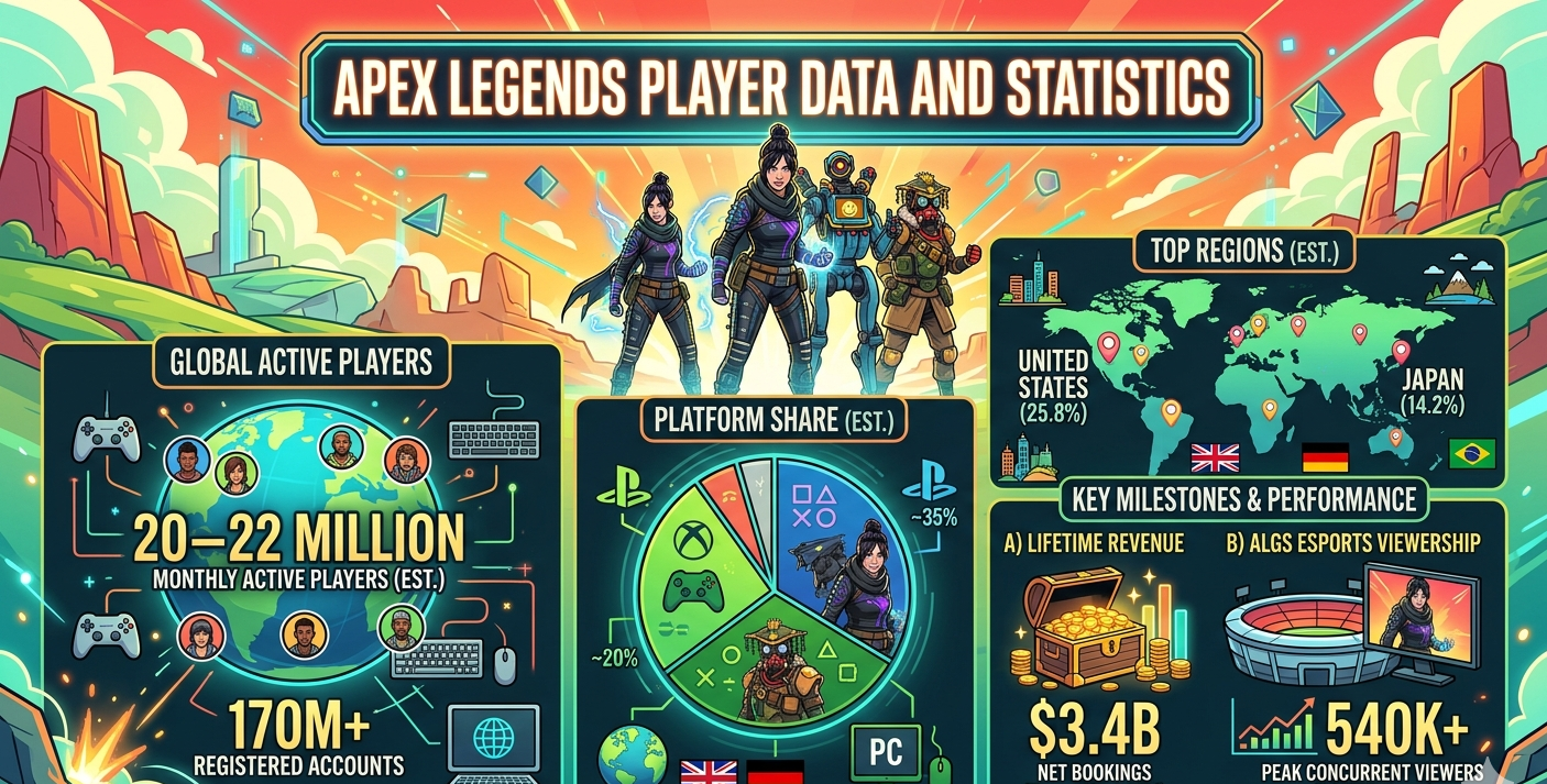Apex Legends statistics for 2026 covering 170 million registered accounts with 20-22 million monthly active players, $3.4 billion lifetime net bookings through March 2024, 287,202 Steam peak in March 2026, PlayStation at 36% and PC at 38% of player base, and ALGS 2025 Championship peaking at 540,364 viewers.