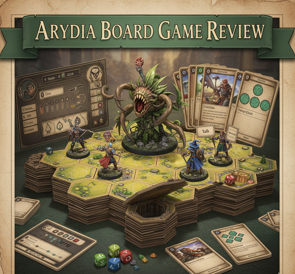 Arydia board game review covering Cody Miller's 1-4 player cooperative open-world fantasy adventure from Far Off Games 2023, 40-60+ hour campaign with 3.8/5 BGG complexity, 60+ pre-painted miniatures and 900+ cards, nine races and six character paths, Variable Threat System enemy AI, health grid combat, and two to three players as optimal count.