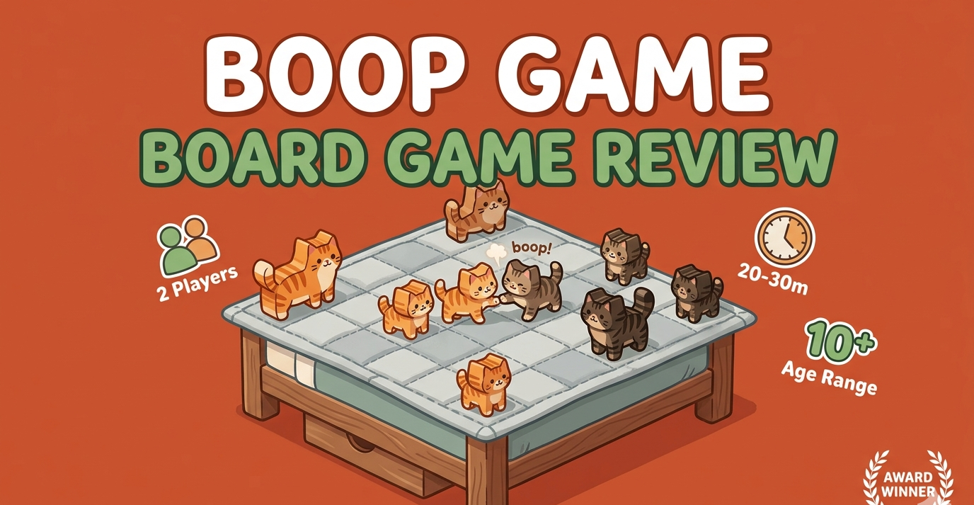 boop board game review covering Scott Brady's 2-player abstract strategy game from Smirk & Dagger Games 2022, 20-30 minute playtime with 1.68/5 complexity, displacement mechanic on 6x6 quilted bed board, 2023 Mensa Select and Origins Game of the Year winner, and Indian retail pricing from ₹2,578 to ₹5,770.