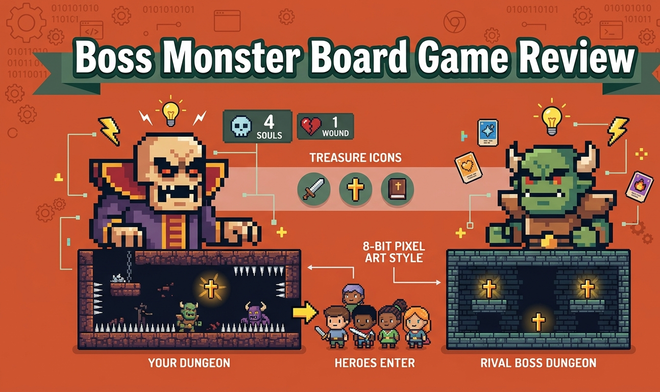Boss Monster board game review covering Johnny and Chris O'Neal's 2-4 player dungeon building card game from Brotherwise Games 2013, 20-30 minute playtime, 155 cards with 8-bit pixel art, hero-luring mechanics based on treasure icons, 10 souls to win versus 5 wounds to eliminate, and three to four players as optimal count.