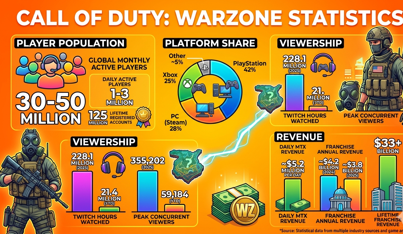 Call of Duty: Warzone statistics for 2026 covering 30-50 million monthly active players across PlayStation (42%), PC (28%), and Xbox (25%), Steam average at 31,546 in March 2026 down from 77,800 in 2024, $5.2 million daily microtransaction revenue, 228.1 million Twitch hours watched in 2025, and $3.8 billion CoD franchise revenue in 2025.