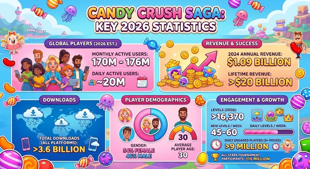 "Candy Crush Saga 2026 stats showing revenue, monthly active users, downloads, demographics, and gameplay engagement."