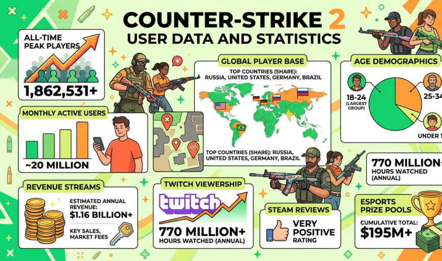 Counter-Strike 2 2026 player statistics, including concurrent users, regional distribution, esports viewership, revenue breakdown, and gameplay trends, highlighting the game’s global dominance in competitive FPS gaming and Steam activity.