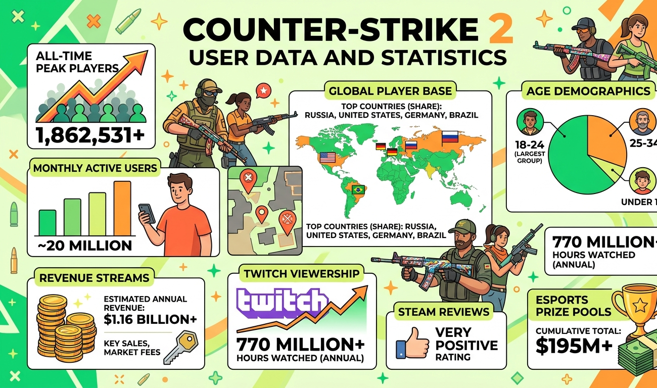 Counter-Strike 2 2026 player statistics, including concurrent users, regional distribution, esports viewership, revenue breakdown, and gameplay trends, highlighting the game’s global dominance in competitive FPS gaming and Steam activity.