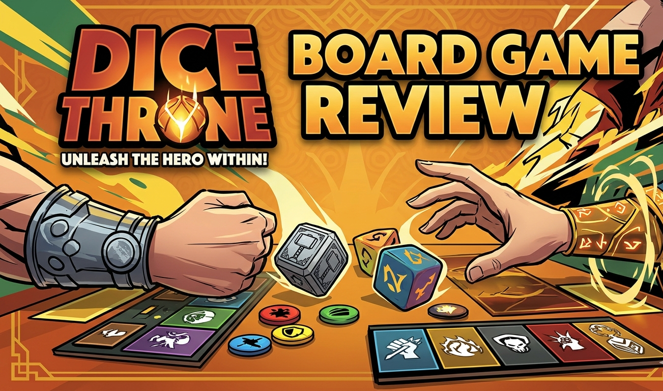 Dice Throne board game review covering Nate Chatelier's 2-6 player dice combat game from Roxley Games 2022, 20-40 minute battles with strategic Yahtzee mechanics, Marvel heroes including Thor and Doctor Strange at complexity 2-5/6, and 1v1 or 2v2 as optimal formats.