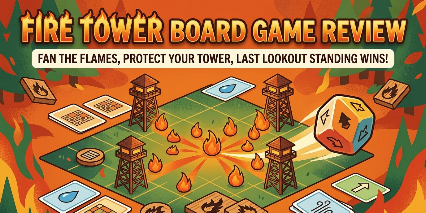 Fire Tower board game review covering Samuel Bryant and Gwen Ruelle's 2-4 player abstract area control game from Runaway Parade Games 2019, 15-30 minute playtime with 1.86/5 BGG complexity, wildfire manipulation toward opponents' towers, and four players as optimal count.