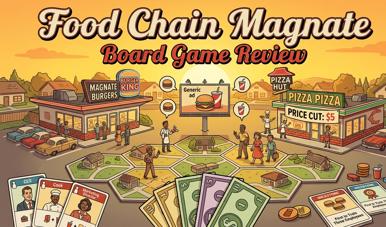 Food Chain Magnate board game review covering Jeroen Doumen and Joris Wiersinga's 2-5 player economic strategy game from Splotter Spellen 2015, 2-4 hour playtime with 4.5/5 complexity, zero-luck employee hierarchy and marketing mechanics, and Indian retail pricing from ₹8,500 to ₹45,308.