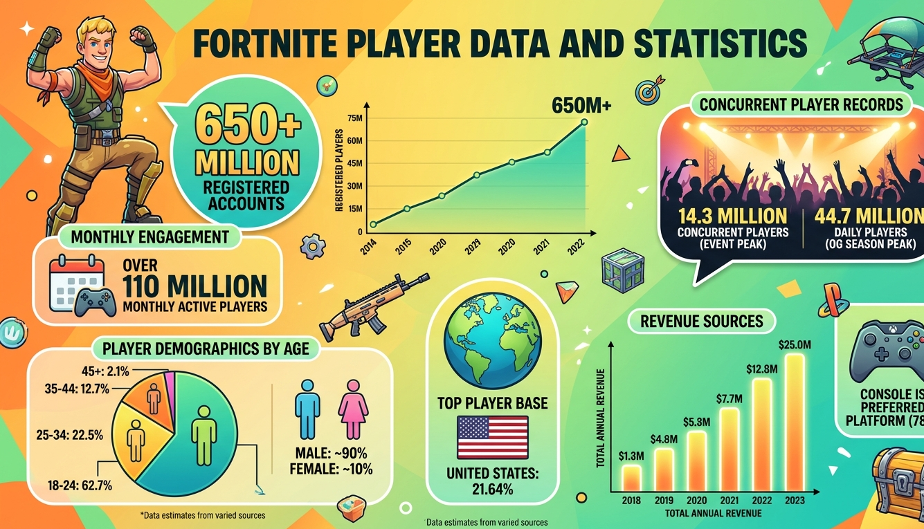 Fortnite statistics for 2026 covering 650 million registered accounts, 110 million monthly active users, $5.7 billion estimated Epic Games 2024 revenue, 14.3 million concurrent player peak at Remix: The Finale concert, US at 21.64% of player base and 63% of spending, and 62.7% of players aged 18-24.