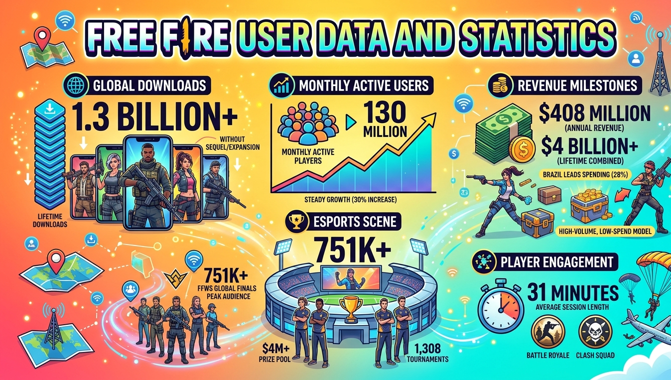 Free Fire statistics for 2026 covering 130 million monthly active users in early 2025, $408 million 2024 revenue with $4 billion+ lifetime combined, 1.3 billion total downloads, Brazil at 28% of global spending, 33 million daily active users, and FFWS 2024 peak viewership at 751,237 down from 5.4 million in 2021 after India ban.