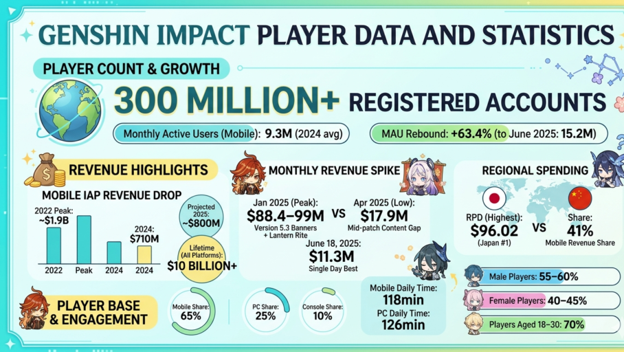 Genshin Impact statistics for 2026 covering $10 billion+ lifetime spending, 300 million registered accounts, 15.2 million mobile MAU in June 2025, $710 million 2024 mobile revenue down 62.6% from 2022 peak, China at 41% revenue share, and 65% mobile platform distribution.