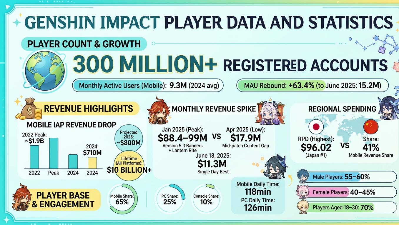 Genshin Impact statistics for 2026 covering $10 billion+ lifetime spending, 300 million registered accounts, 15.2 million mobile MAU in June 2025, $710 million 2024 mobile revenue down 62.6% from 2022 peak, China at 41% revenue share, and 65% mobile platform distribution.