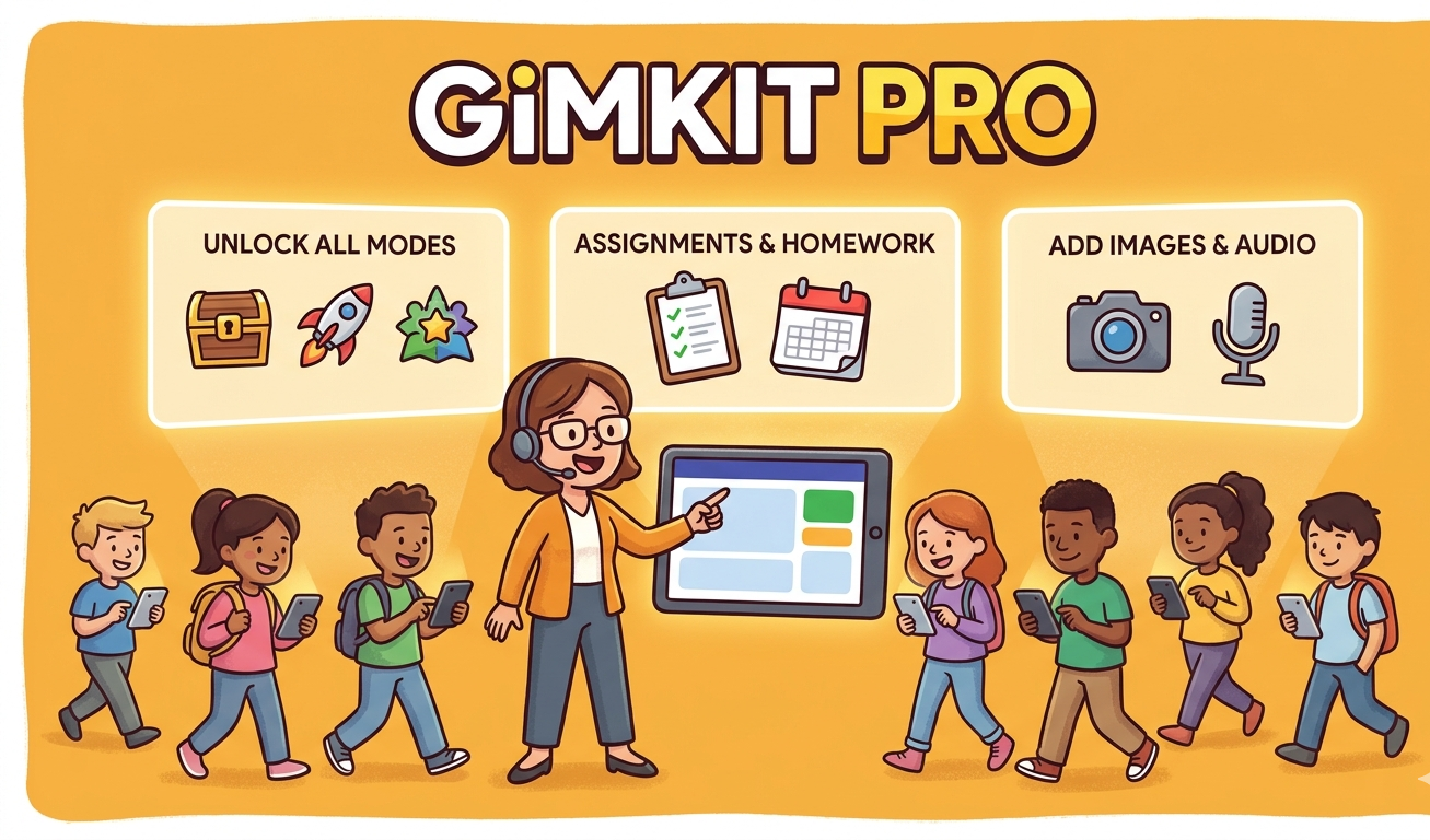 Gimkit Pro pricing guide covering $14.99/month or $59.88/year ($4.99/month) subscription unlocking all game modes, assignments, and media uploads, Basic free tier with three rotating modes, 14-day free trial for new educators, and school licensing at $650/year for departments or $1,000/year schoolwide.