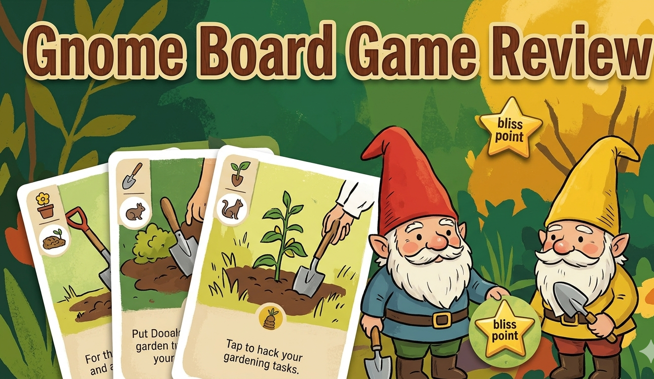Gnomadic Gardeners board game review covering Chris Scaffidi's 2022 Fervent Workshop card game for 1-2 players, card-passing mechanic where played gnomes transfer to opponent, 10-20 minute playtime, 77 bliss points to win, and 2024 second edition with improved components.