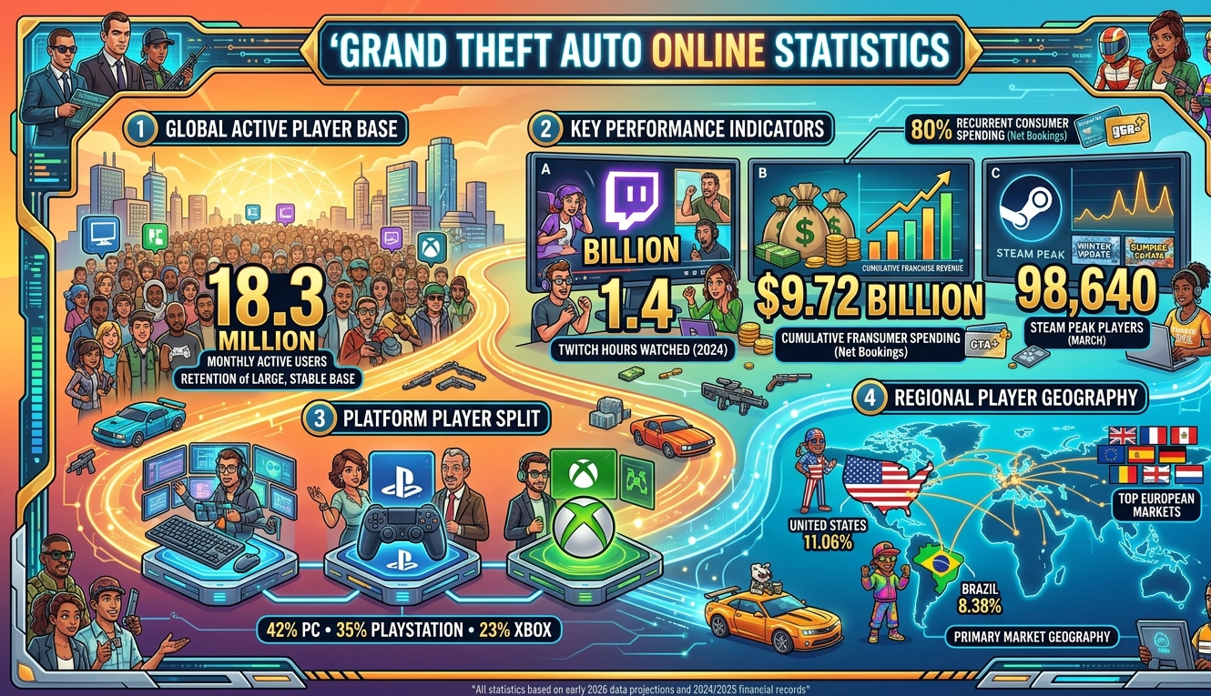 GTA Online statistics for 2026 covering 18.3 million monthly active users, 187,059 Steam peak at March 2025 Enhanced Edition launch, $9.72 billion cumulative franchise revenue, 1.4 billion Twitch hours watched in 2024 as platform's top game, and PC at 42% of player base versus PlayStation at 35% and Xbox at 23%.