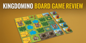 Kingdomino board game review covering Bruno Cathala's 2016 Blue Orange Games tile-drafting game for 2-4 players, 2017 Spiel des Jahres winner, 5×5 grid building with terrain and crown scoring, 15-20 minute playtime, and Indian retail pricing from ₹390 to ₹1,499.