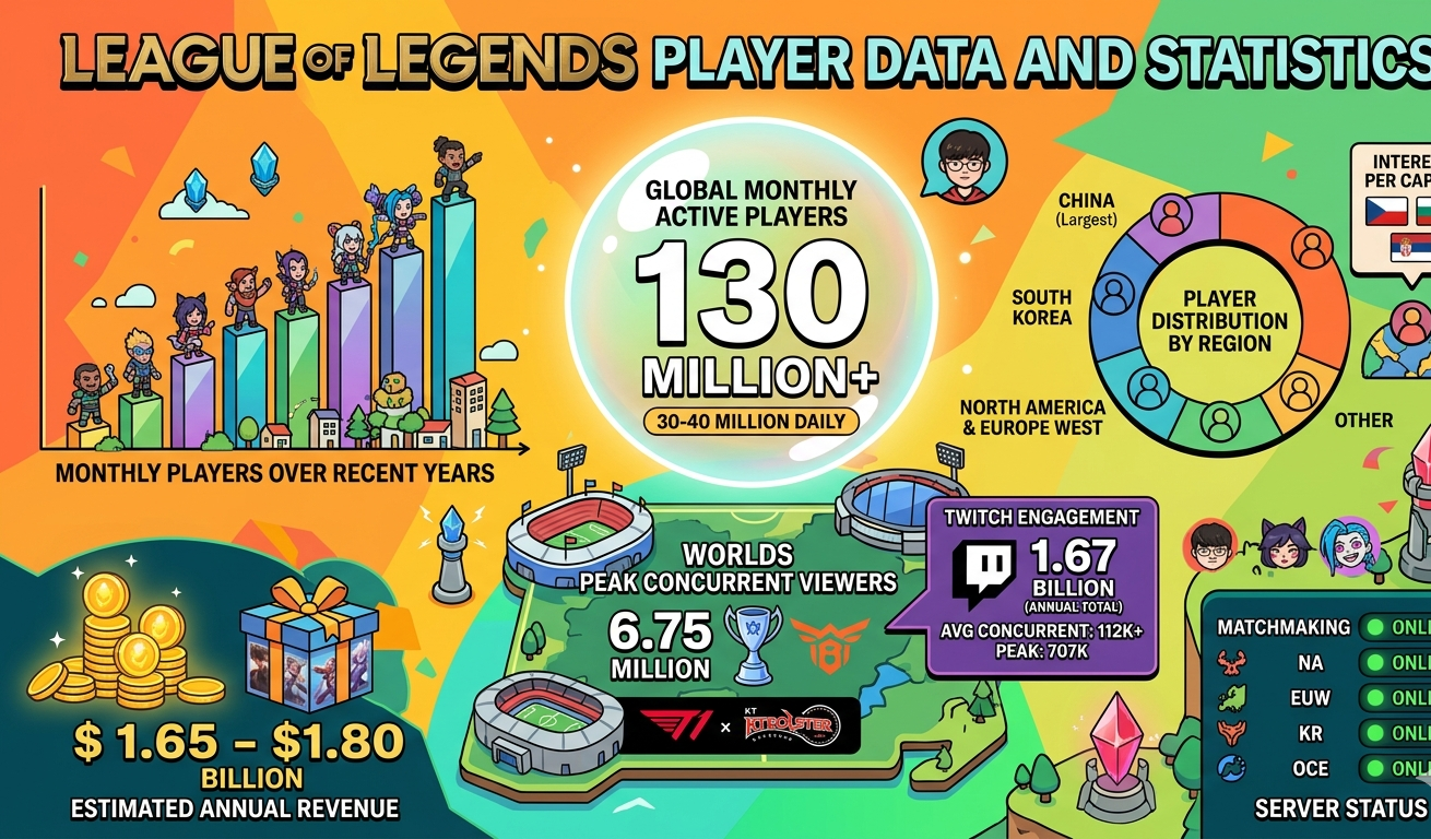 League of Legends statistics for 2026 covering 130 million monthly active players, 30-40 million daily active users, Worlds 2025 peaking at 6.75 million concurrent viewers, $1.65-$1.80 billion annual revenue, China at 55% of global player base, and 1.67 billion Twitch views in 2025.