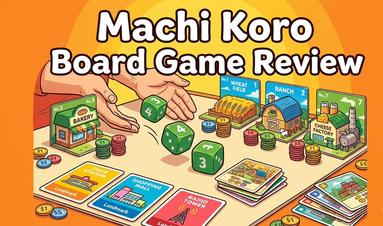 Machi Koro board game review covering Masao Suganuma's 2-4 player city-building card game from Grounding Inc. 2012, 30-minute playtime with 1.54/5 complexity, dice-rolling and coin-collecting mechanics, and Indian retail pricing from ₹2,599 to ₹5,358.