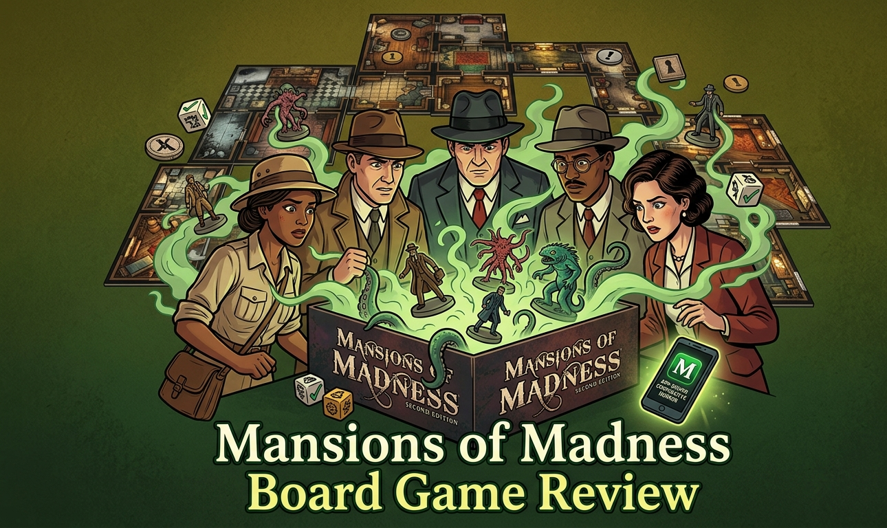 Mansions of Madness: Second Edition board game review covering app-driven cooperative horror gameplay for 1–5 players, 2–3 hour sessions, component quality with 8 investigators and 24 monster miniatures, pros and cons including setup time and app dependency, and Indian retailer pricing from ₹10,880 to ₹19,532.