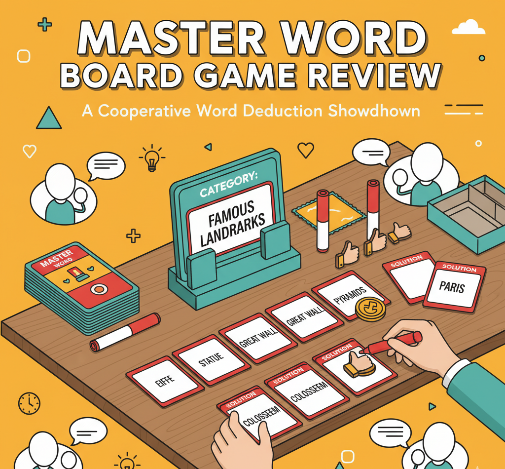 Master Word board game review covering Gérald Cattiaux's 3-6 player cooperative word deduction game from Scorpion Masqué 2020, 5-15 minute playtime, 1.16/5 complexity rating, 300 words across 150 cards, Guide and Seeker roles with token-based clue feedback, and four players as optimal count.