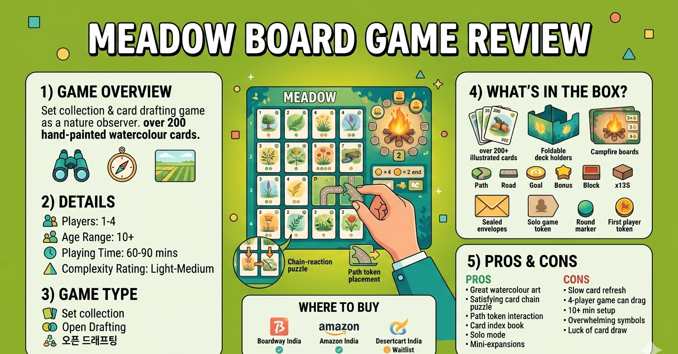 Meadow board game review covering Klemens Kalicki's 1-4 player set collection and card drafting game from Rebel Studio 2021, 60-90 minute playtime, 2.17/5 complexity rating, 184 watercolor-illustrated cards with 21 symbol types, five sealed envelope mini-expansions, solo mode against Rover AI, and three players as optimal count.