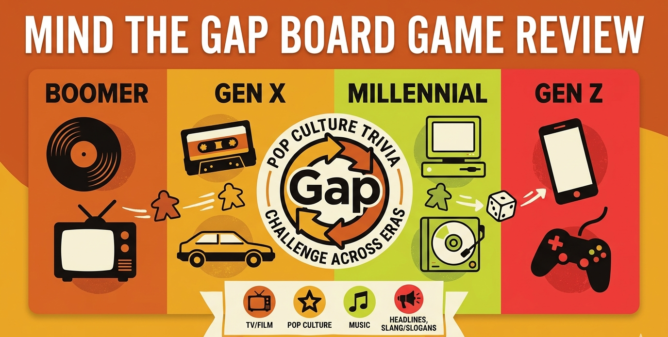 Mind the Gap board game review covering SolidRoots' 2020 multi-generational trivia game distributed by Spin Master Games, 2+ players ages 10+, 20-60 minutes, 320 trivia cards across Boomer, Gen X, Millennial, and Gen Z eras, challenge cards with physical tasks, and Indian pricing from ₹1,405 to ₹7,567.
