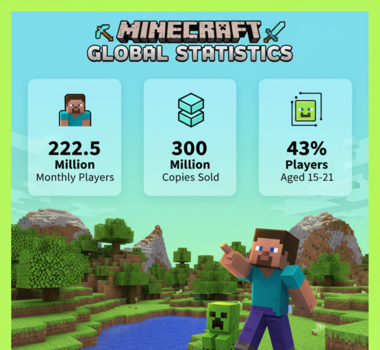 Minecraft statistics for 2026 covering 222.5 million peak MAU in June 2025, 300 million copies sold as second best-selling game ever, $220 million 2024 revenue with mobile at $98 million, US leading at 21.21% of players, and 15-21 age group at 43% of user base.