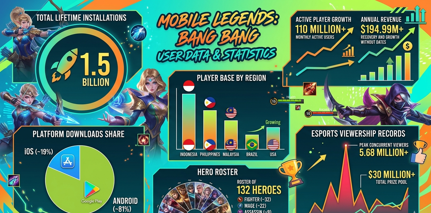 Mobile Legends Bang Bang statistics for 2026 covering 1.5 billion lifetime installations with 110 million MAU, $194.99 million 2024 revenue, M7 World Championship at 5.68 million peak viewers as most-watched mobile esports event, Indonesia and Philippines as top markets, and 132 heroes across six roles.