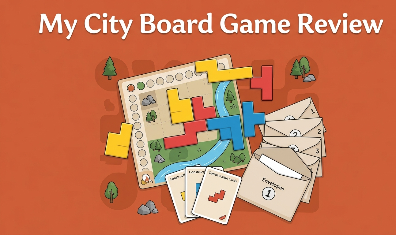 My City board game review covering Reiner Knizia's 2020 Thames & Kosmos legacy game for 2-4 players, 24 episodes across 8 chapters with polyomino tile placement, 30-minute sessions, 2020 Spiel des Jahres nominee, and Indian retail pricing from ₹4,000 to ₹6,500.