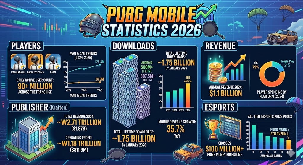 PUBG Mobile statistics dashboard showing player counts, downloads, revenue trends, and esports data charts