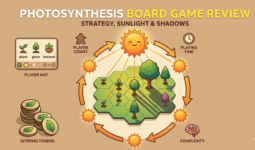 Photosynthesis board game review covering Hjalmar Hach's 2017 abstract strategy game from Blue Orange Games with rotating sun and shadow-casting mechanics, 2-4 players, 30-60 minutes, 2.36/5 complexity, 3D cardboard tree components, Mensa Select 2018 winner, and Indian pricing from ₹3,199 to ₹10,100.