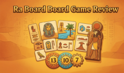 Ra board game review covering Reiner Knizia's 1999 auction and set-collection game in 25th Century Games' 2022 edition with Ian O'Toole artwork, 2-5 players, 45-60 minute playtime, once-around bidding with sun discs, 2.35/5 complexity rating, and Indian pricing from ₹3,980 to ₹17,965 for Deluxe.