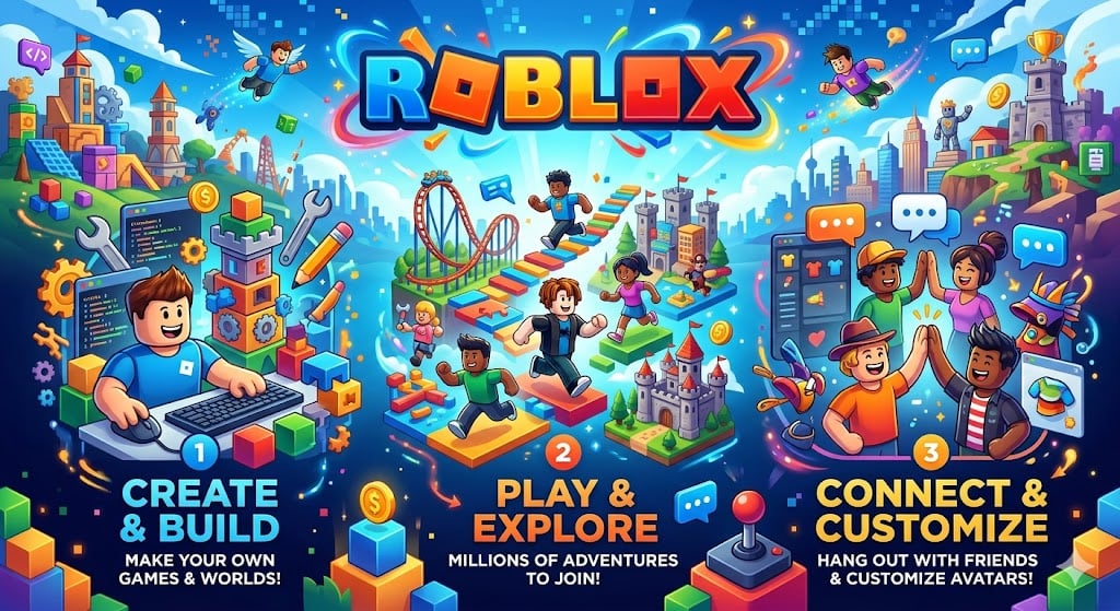 Roblox 2026 statistics dashboard showing user growth, revenue trends, demographics, regional distribution, and top games by visits