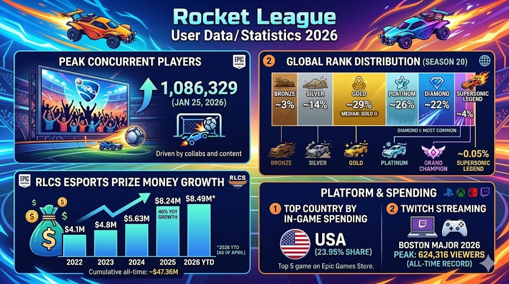 Rocket League 2026 statistics overview showing player counts, rank distribution, esports prize pools, and Twitch viewership trends