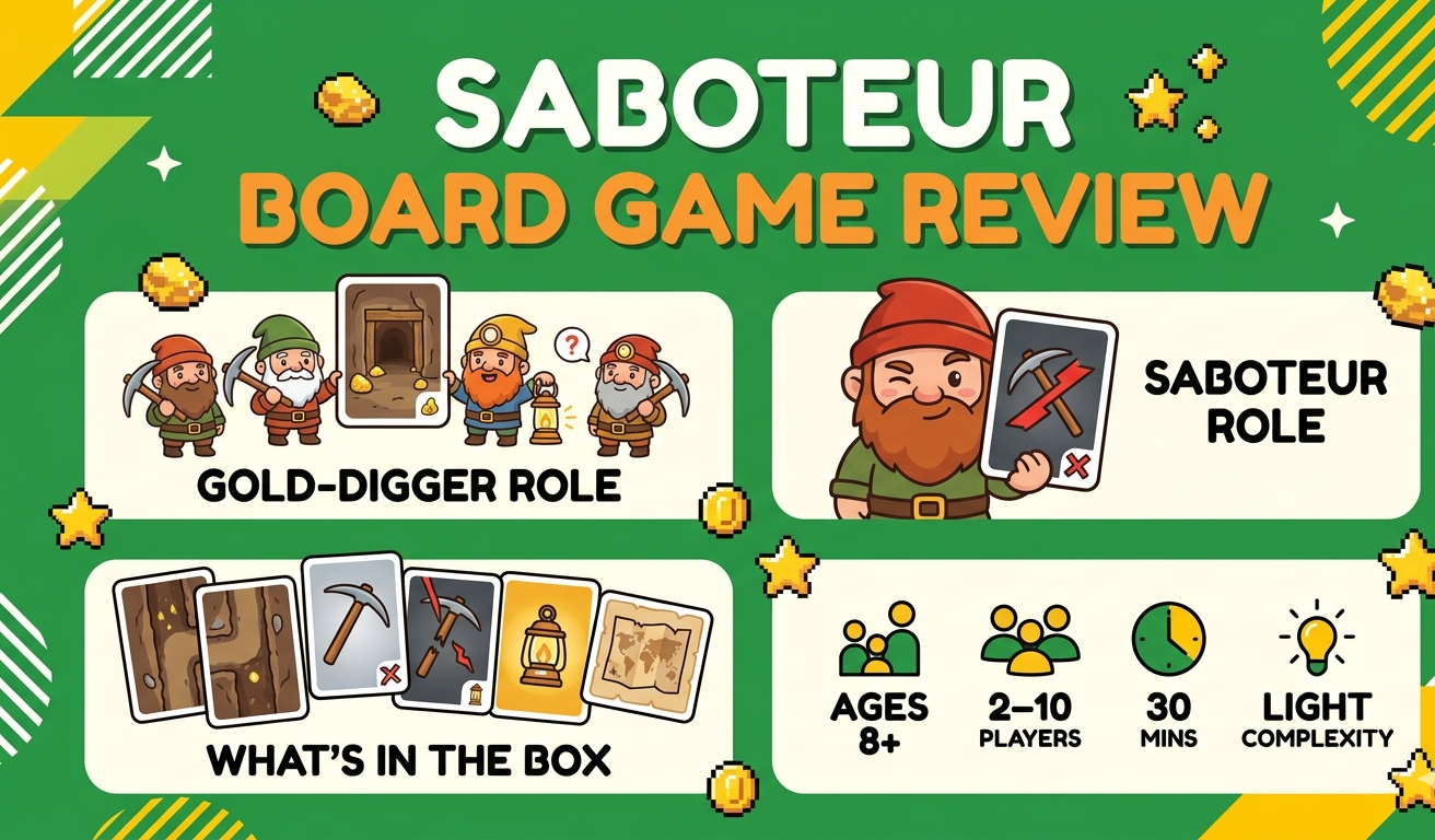 Saboteur board game review covering Frederic Moyersoen's 3-10 player hidden role card game from Amigo Spiele 2004, 30-minute playtime, 1.6/5 complexity rating, 44 path cards and 27 action cards, dwarf mining theme with gold-digger and saboteur roles, and seven to eight players as optimal count.