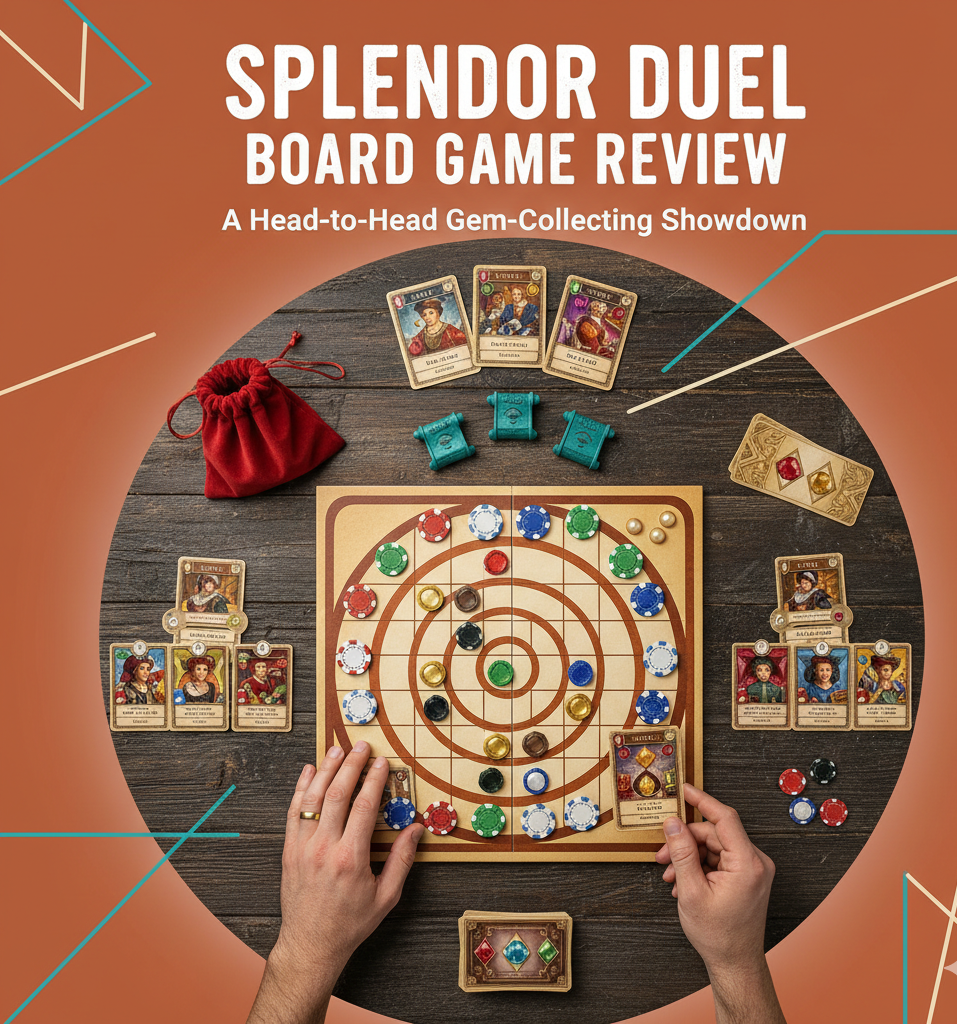 Splendor Duel board game review covering two-player gem-collecting gameplay with 30-minute sessions, 5×5 gem board drafting mechanic, three win conditions for 20 prestige or 10 single-color prestige or 10 crowns, privilege scroll risk-reward system, 2.02/5 complexity rating, and Indian retailer pricing from ₹1,199 to ₹3,292.
