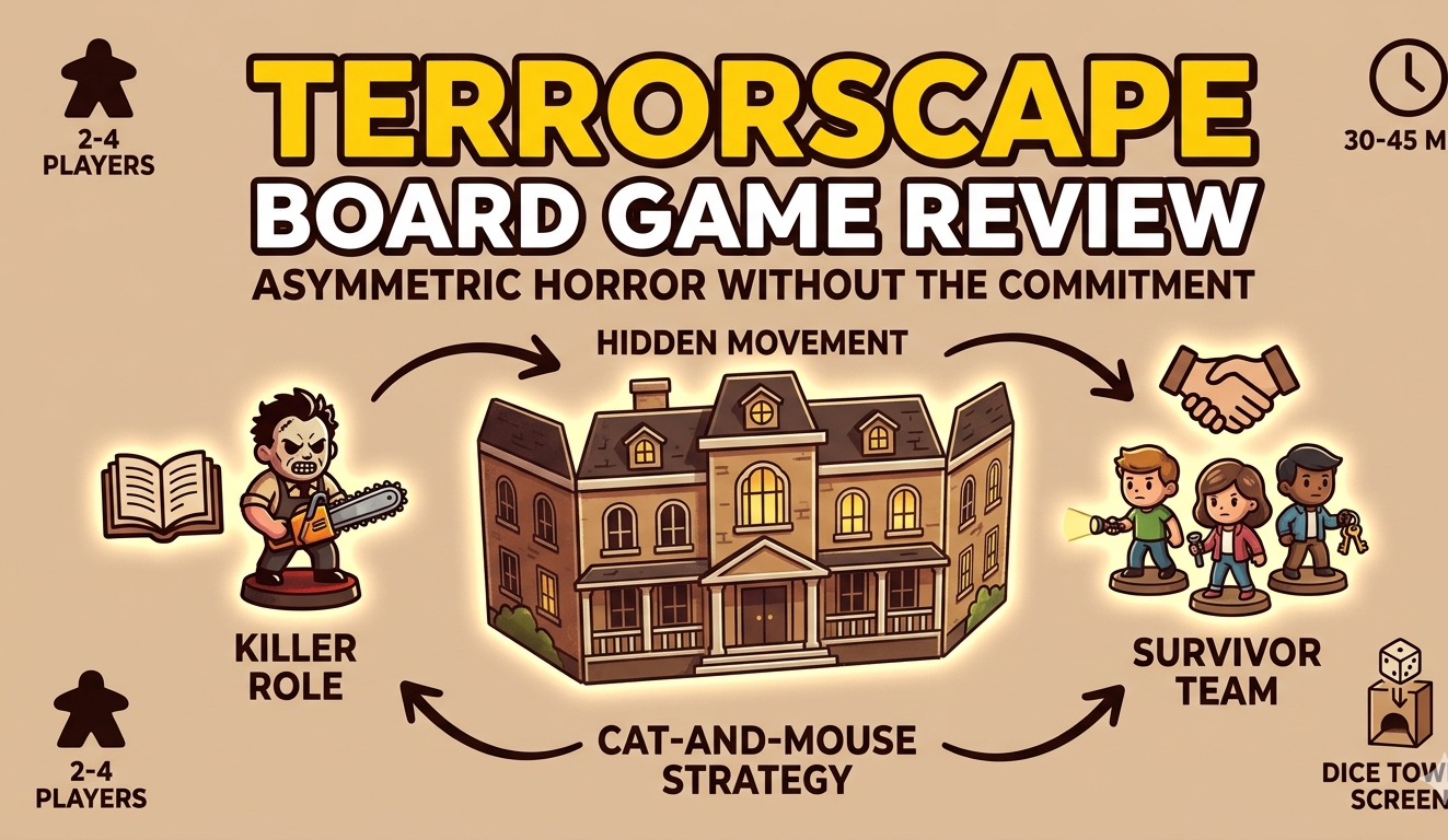 Terrorscape is a fast-paced asymmetric horror board game where survivors escape a killer. This review covers gameplay, mechanics, pros, cons, and whether it’s worth buying for your group.