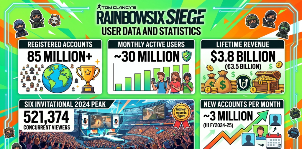 Rainbow Six Siege statistics for 2026 covering 85 million registered accounts, 30 million monthly active users across four fiscal years, $3.8 billion lifetime revenue, all-time Steam peak of 201,933 players March 2024, and Six Invitational 2024 record 521,374 peak viewers.