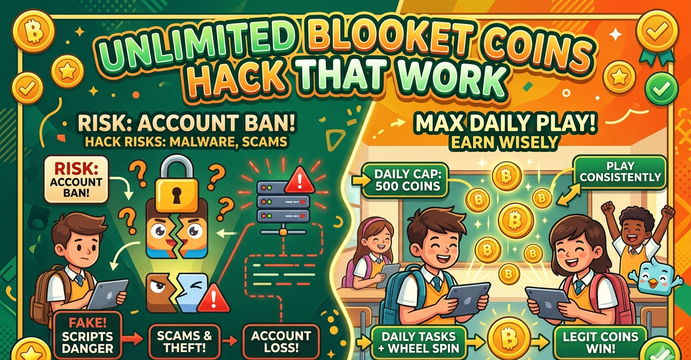 Blooket coins guide covering 500-per-day earning cap, methods to exceed it including creator giveaways and survey sites, warnings that most coin generator tools are scams or malware, and tips for maximizing standard gameplay earnings.