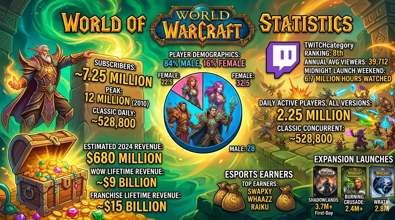 World of Warcraft statistics for 2026 covering 7.25 million subscribers as of Q1 2024, 2.25 million daily active players in January 2025, $680 million 2024 revenue up 12% year-over-year, Midnight expansion launching March 2, 2026 with 6.7 million Twitch hours watched, and 84% male player demographics.
