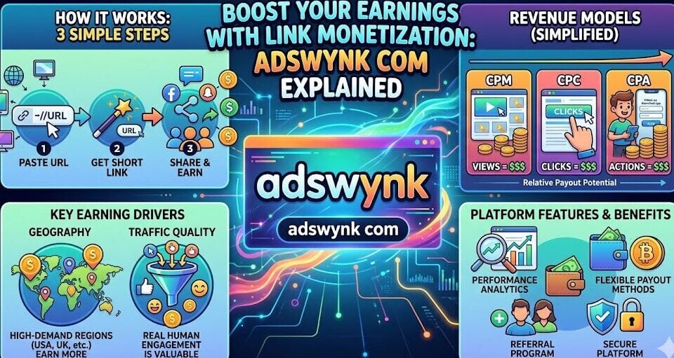adswynk com link monetization dashboard showing shortened URLs, ad redirect flow, revenue models, and regional CPM earnings charts