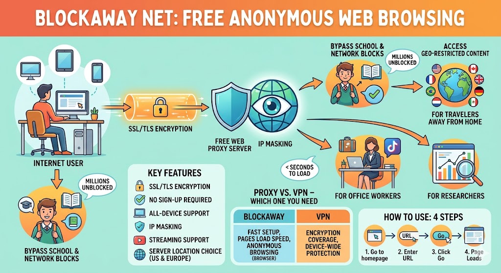 Infographic explaining Blockaway Net web proxy, how it bypasses restrictions, key features, safety comparison with VPN, and usage steps for anonymous browsing.