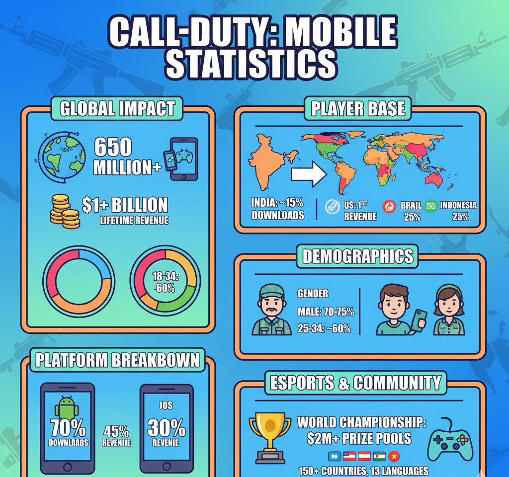 Call of Duty: Mobile statistics for 2026 covering 650 million global downloads since October 2019 launch, $1 billion lifetime revenue by mid-2021 with $480 million peak in 2020, India leading downloads at 15% with US first for revenue, 70% Android downloads versus 55% iOS revenue share, and 18-34 age group at 60% of players.