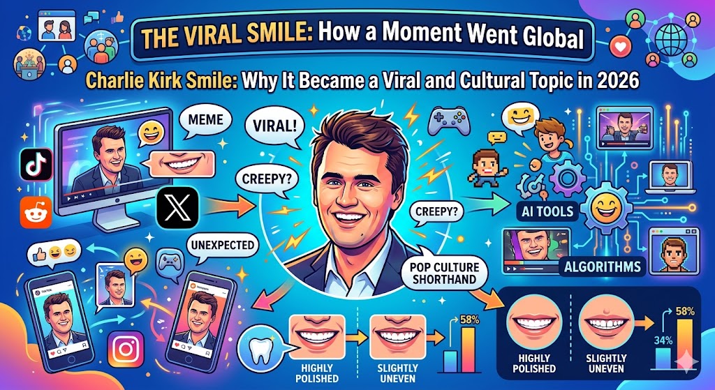 Web article titled “Charlie Kirk Smile: Why It Became a Viral and Cultural Topic in 2026,” discussing the meme’s spread across social media with charts, stats, and FAQs.