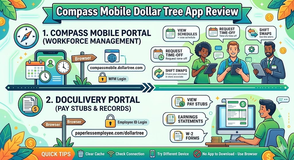 Compass Mobile Dollar Tree app review page showing employee login, schedule access, pay stub info, and troubleshooting guidance.