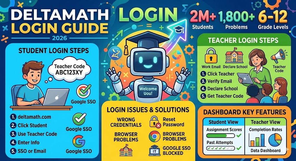 DeltaMath login dashboard showing student and teacher access, assignment tracking, and platform features in 2026