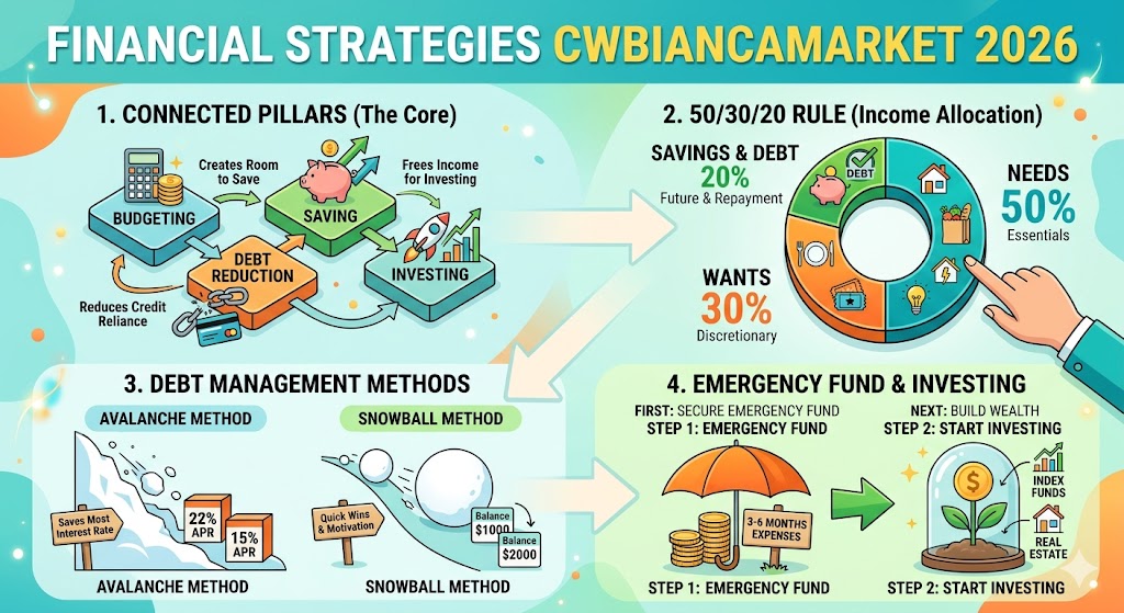 Infographic-style article explaining CWBiancaMarket financial strategies for 2026, including budgeting (50/30/20 rule), debt payoff methods, emergency funds, and investing, with charts and FAQs.