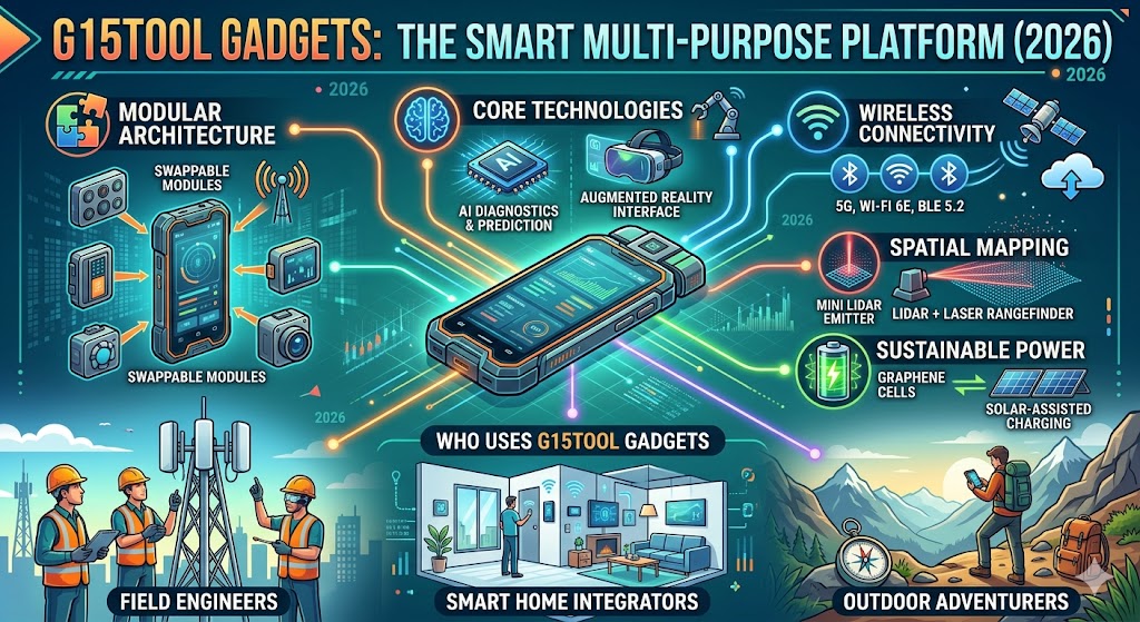 G15Tool smart gadget device showing modular sensors, diagnostics features, and multi-tool comparison charts