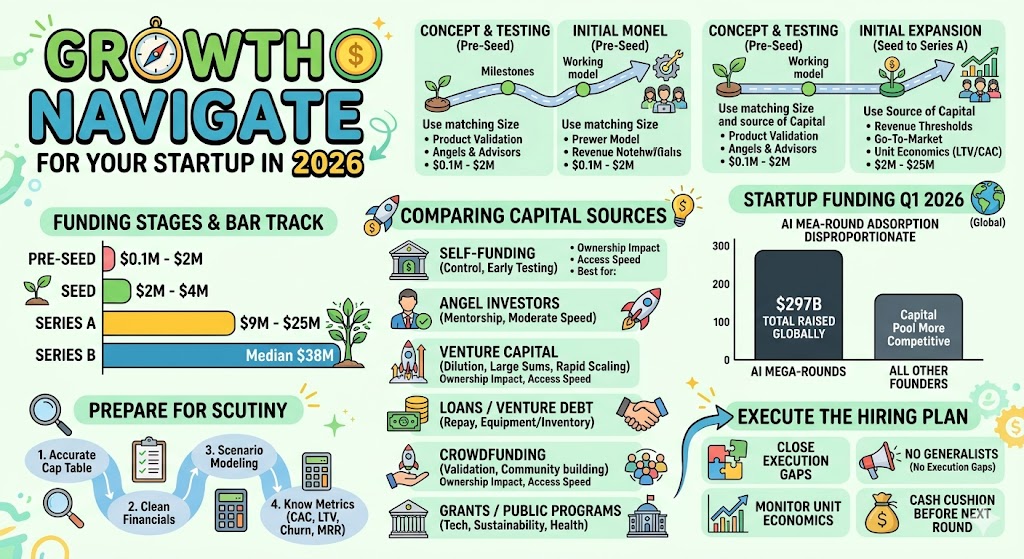 Bar chart showing typical US startup funding round sizes from Pre-Seed to Series B in 2025–2026