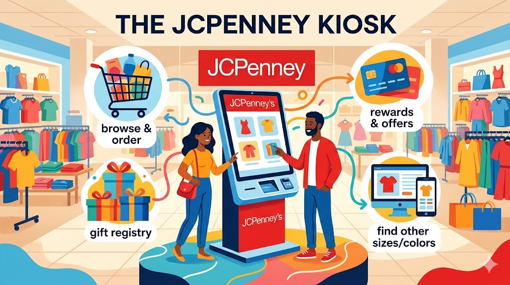 JCPenney Associate Kiosk dashboard showing login access, schedule, pay stubs, benefits, and employee self-service features